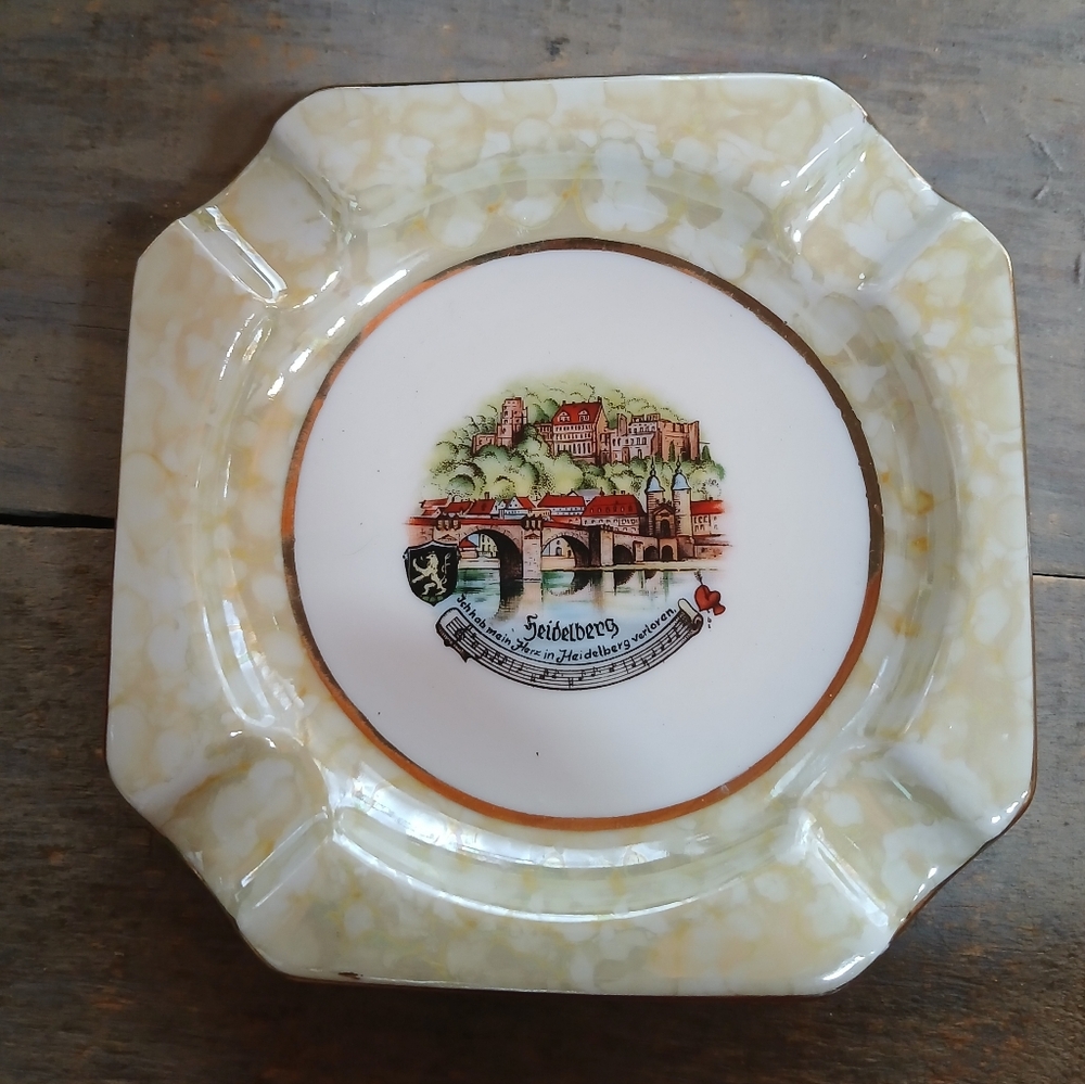 Vintage Heidelberg Ashtray Bavaria Germany Small Ceramic Gold Trim Trinket Dish